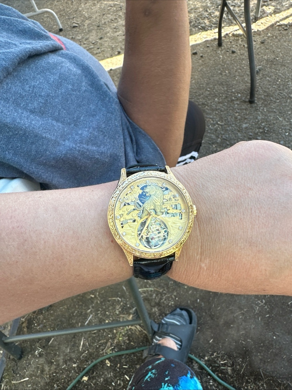 Gold Skeleton Dial Leather Strap Watch - Unknown Brand